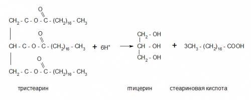Составьте уравнения гидролиза (кислотного и щелочного) триглицерида, оьразованного глицерином и стеа