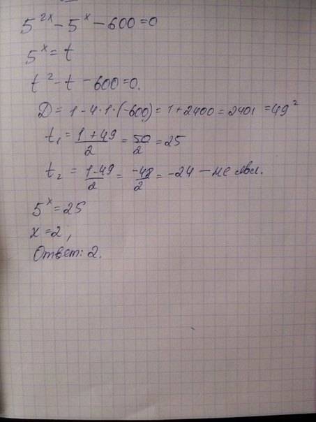 Найдите сумму корней уравнения 5^2х-5^х-600=0 варианты ответов: 1) 1 ; 2) 49 ; 3) 2 ; 4) корней нет