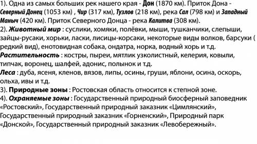 Тема: ростовская область 1)внутренние воды 2)растительный и животный мир 3)природные зоны 4)особо ох