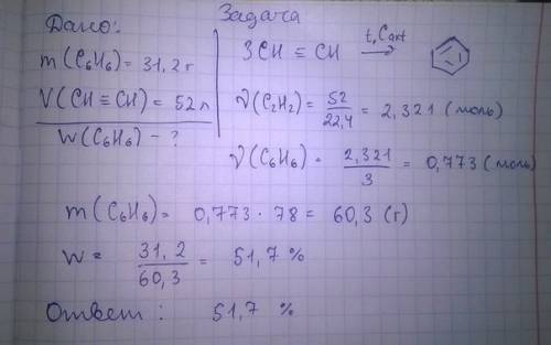 Для получения 31.2 г бензола израсходовано 52 л ацетилена.вычислите выход продукта реакции(%)