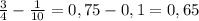 \frac{3}{4} - \frac{1}{10} =0,75-0,1=0,65