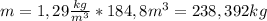 m=1,29 \frac{kg}{m^3}*184,8m^3= 238,392kg