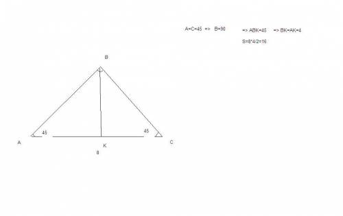 Вравнобедренном треугольнике основание равно 8 угол между стороной и основанием = 45 найти площадь