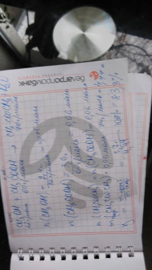 При нагревании метанола массой 2.4 г и уксусной кислоты массой 3.6 г получен метилацетат массой 3.7