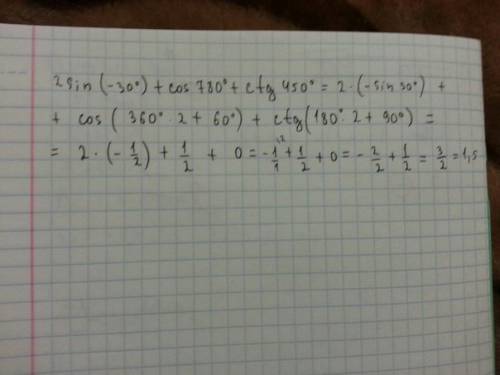 Вычислите: 2sin(-30°)+cos780°+ctg450°