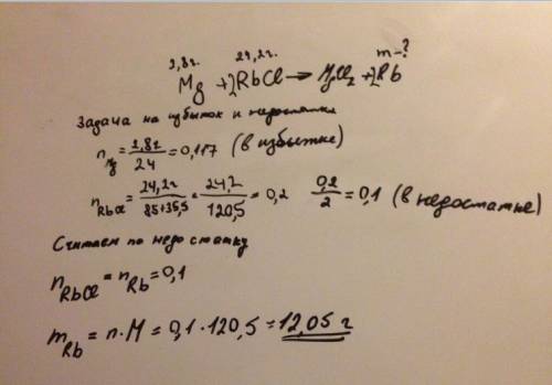Найдите массу рубидия, полученного при действии 2,8 г магния на 24,2 г хлорида рубидия