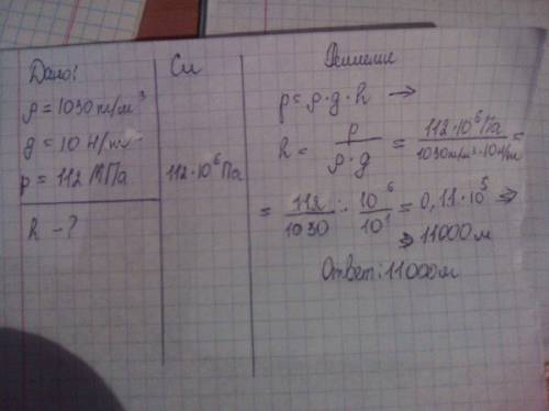 На какой глубине находится тело в морской впадине, где давление 112 мпа, а плотность морской воды 10