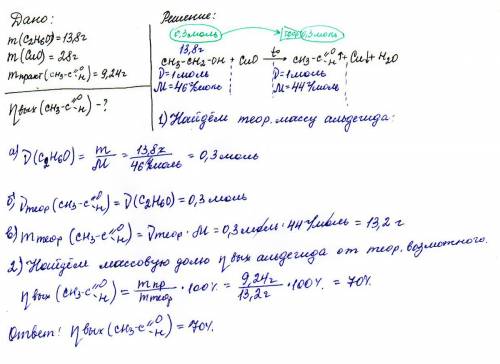 При взаимодействии этанола массой 13,8 г с оксидом меди (ii) массой 28 г получили альдегид, масса ко