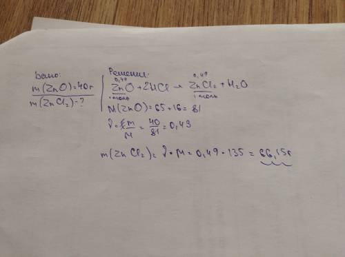 Вычислить массу хлорида цинка образующего взаимодействии 40 грамм оксида цинка с соляной кислотой
