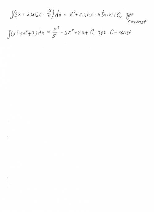 Найдите первообразную(общий вид) для f(x) если: а) f(x)=2x+2cosx-4/x б) f(x)=x^4-2e^x+2 *
