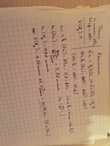 80 грамм технического цинка, содержащего 20% примесей прореагировало с серной кислотой. найдите объе