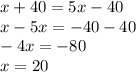 x+40=5x-40 \\ x-5x=-40-40 \\ -4x=-80 \\ x=20