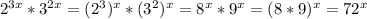 2^{3x} * 3^{2x} =( 2^{3} )^{x} *(3^{2} )^{x} = 8^{x}* 9^{x} =(8*9)^{x} =72^{x}