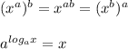 (x^{a})^{b}=x^{ab}=(x^{b})^{a}\\\\a^{log_{a}x}=x