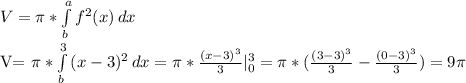 V= \pi *\int\limits^a_b {f^{2} (x)} \, dx &#10;&#10;V= \pi * \int\limits^3_b {(x-3) ^{2} } \, dx = \pi * \frac{(x-3) ^{3} }3} | _{0} ^{3} = \pi *( \frac{(3-3) ^{3} }{3}- \frac{(0-3) ^{3} }{3} )=9 \pi