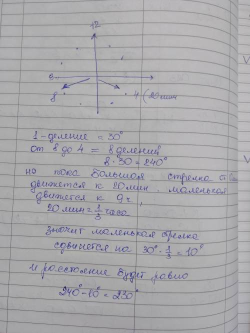 Какой угол составляют стрелки часов в 8 ч 20 мин? дайте ответ в градусах.