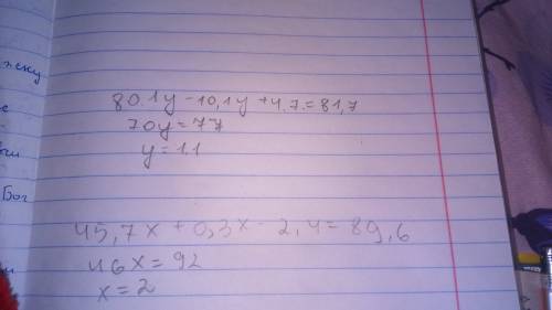 Решите уравнение: а) 45,7 х+0,3 х-2,4=89,6 ; б) 80.1 у-10,1у+4,7=81,7