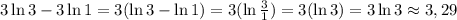 3\ln3-3\ln1=3(\ln3-\ln1)=3(\ln \frac{3}{1})= 3(\ln3)=3\ln3\approx3,29