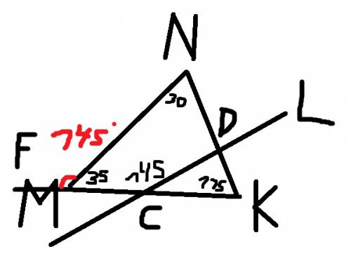 Прямая l пересекает стороны треугольника mnk: km в точке c, kn в точке d. угол mnk = 30 градусов, уг