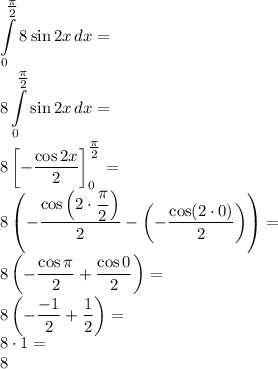 \displaystyle&#10;\int \limits_0^{\tfrac{\pi}{2}} 8\sin 2x\, dx=\\&#10;8\int \limits_0^{\tfrac{\pi}{2}} \sin 2x\, dx=\\&#10;8\left[-\dfrac{\cos 2x}{2}\right]_0^{\tfrac{\pi}{2}}=\\&#10;8\left(-\dfrac{\cos \left(2\cdot\dfrac{\pi}{2}\right)}{2}-\left(-\dfrac{\cos (2\cdot0)}{2}\right)\right)= \\&#10;8\left(-\dfrac{\cos \pi }{2}+\dfrac{\cos 0 }{2}\right)= \\&#10;8\left(-\dfrac{-1 }{2}+\dfrac{1}{2}\right)= \\&#10;8\cdot1=\\&#10;8&#10;