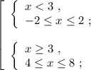 \left[\begin{array}{l} \left\{\begin{array}{l} x < 3 \ , \\ -2 \leq x \leq 2 \ ; \end{array}\right \\\\ \left\{\begin{array}{l} x \geq 3 \ , \\ 4 \leq x \leq 8 \ ; \end{array}\right \end{array}\right