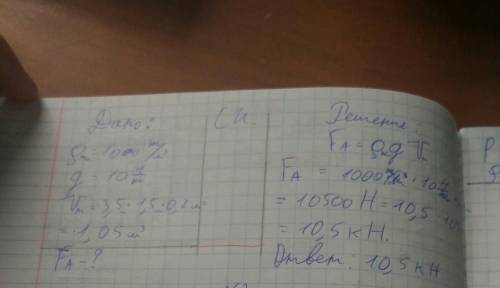 Рассчитайте архимедову силу,действующую на железобетонную плиту размером 3,5х1,5х0,2м,при её полном