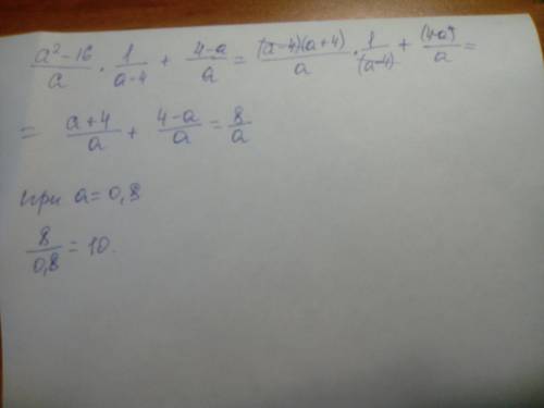 Выражение a^2-16/a(умножить на)1/a-4(плюс)4-a/a.найдите его значение при a=0,8.в ответ запишите полу