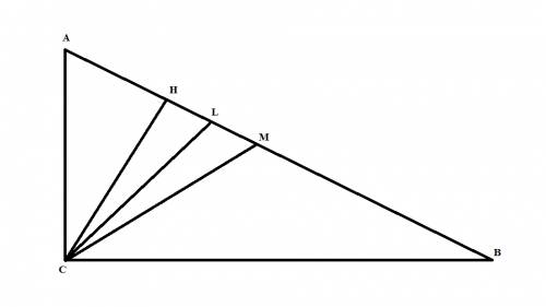 Впрямоугольном треугольнике abc угол c=90°.катеты не равны.отрезки cm,cl,ch являются соответственно
