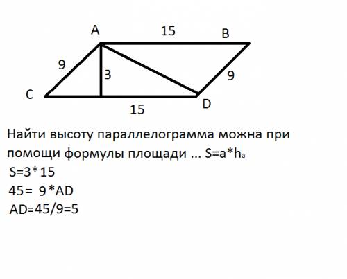 Стороны параллелограмма 9 и 15 см,высота проведенная к большей стороне 3 см.найти вторую высоту