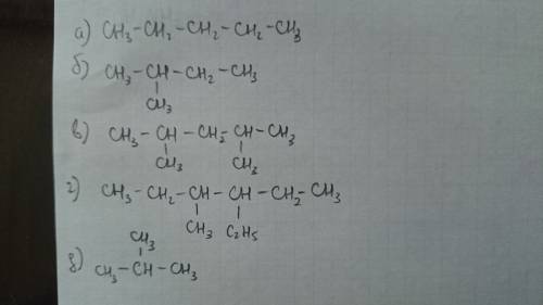 Напишите структурные формулы следующих алканов : а)н-пентан,б) 2-метилбутан,в)2,4-диметилпентан,г)3-