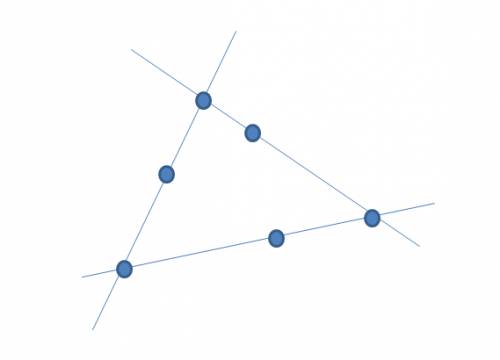 Петя начертание 3 прямые линии. на каждой он отметил 3 точки. всего он отметил 6 точек. покажите, ка