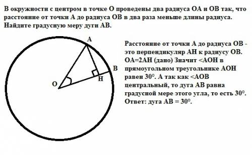 Вокружности с центром в точке о проведены два радиуса оа и ов так, что расстояние от точки а до ради