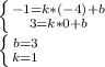 \left \{ {{-1=k*(-4)+b} \atop {3=k*0+b}} \right. &#10;&#10; \left \{ {{b=3} \atop {k=1}} \right.