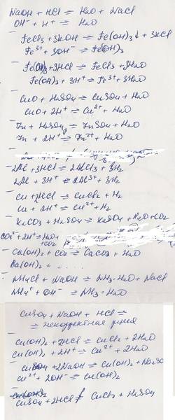 Решить уравнения полное ионное и сокращённое ионное: 1)naoh+hcl 2)fecl3+koh 3)fe(oh)3+hcl 4)cuo+h2so