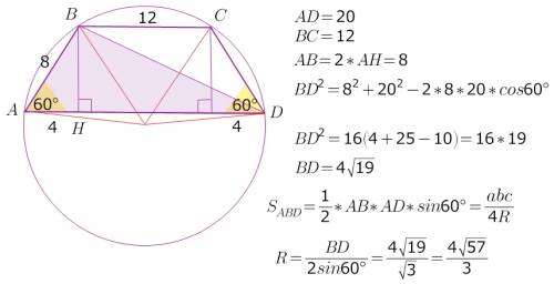 Навколо трапеціїиз гострим кутом 60 градусів описано коло. знайти його радіус, якщо основи трапеції=