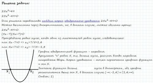 Решите 25х²> 49 ответы 1)1,4 +беск 2) -1,4 до 1,4 3) -беск -1,4; 1,4 до + беск 4)-1,4 до + беск о