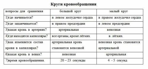 Таблица по биологии на тему кровообращения