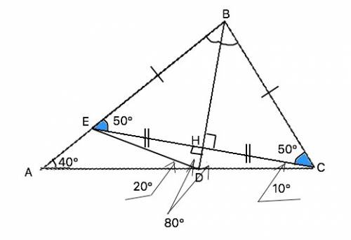 Втреугольника abc угол a равен 40 градусам, угол c равен 60 градусам, bd-биссектриса, e-такая точка