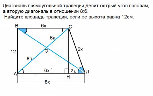 Диагональ прямоугольной трапеции делит острый угол пополам, а вторую диагональ в отношении 8: 6. най