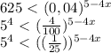 625\ \textless \ (0,04) ^{5-4x} &#10;&#10; 5^{4} \ \textless \ ( \frac{4}{100} ) ^{5-4x} &#10;&#10; 5^{4} \ \textless \ ( (\frac{1}{25} ) ) ^{5-4x}