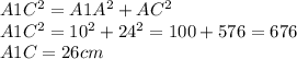 A1C^{2} = A1A^{2} + AC^{2} \\ A1C^{2} = 10^{2} + 24^{2} = 100 + 576 = 676\\ A1C = 26 cm