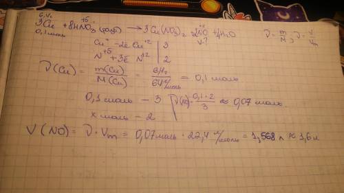 Какой объём газа, измеренный при нормальных условиях выделится при полном окислении 6,4 г меди разба