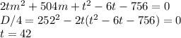 2tm^2 + 504m + t^2 - 6t - 756 = 0\\D/4 = 252^2 - 2t(t^2 - 6t - 756) = 0\\t = 42