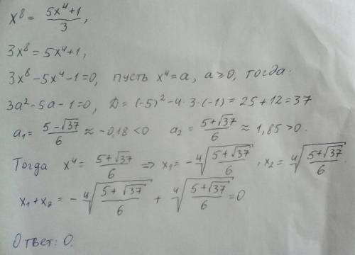 Определите сумму всех действительных корней уравнения x^8=(5x^4+1)/3