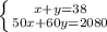 \left \{ {{x+y=38} \atop {50x+60y=2080}} \right.