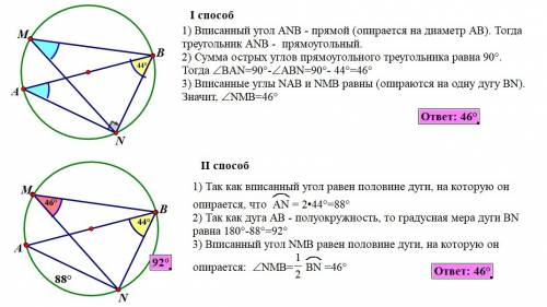 На окружности по разные стороны от диаметра ab взяты точки m и n.известно что уголnba=44 градусов .н