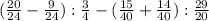 (\frac{20}{24}-\frac{9}{24}):\frac{3}{4}-(\frac{15}{40}+\frac{14}{40}):\frac{29}{20}