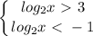 \displaystyle \left \{ {{log_2x\ \textgreater \ 3} \atop {log_2x\ \textless \ -1}} \right.