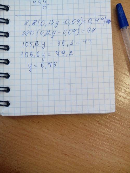 Найдите корень уравнения: 8,8(0,12y - 0,04)=0,44