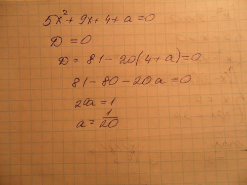 При каких значениях а, уравнение 5х^2+9х+4+а=0,будет иметь 1 корень